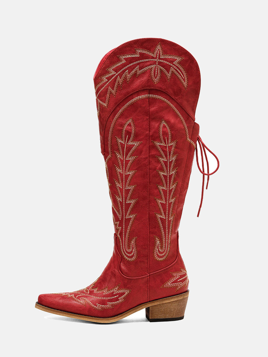 Women’s Red Lace-Up Embroidery Western Boots Block Heel Knee High Boots