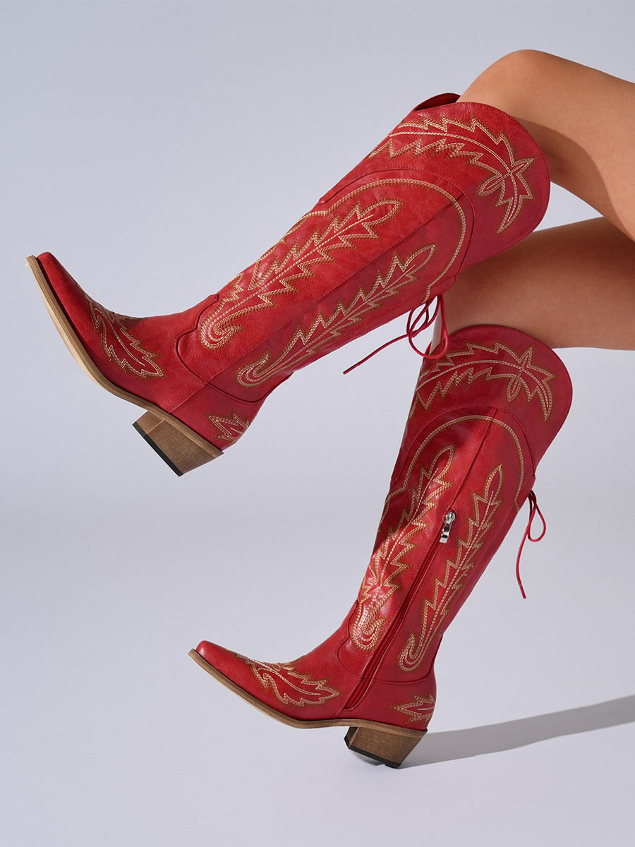 Women’s Red Lace-Up Embroidery Western Boots Block Heel Knee High Boots (6)
