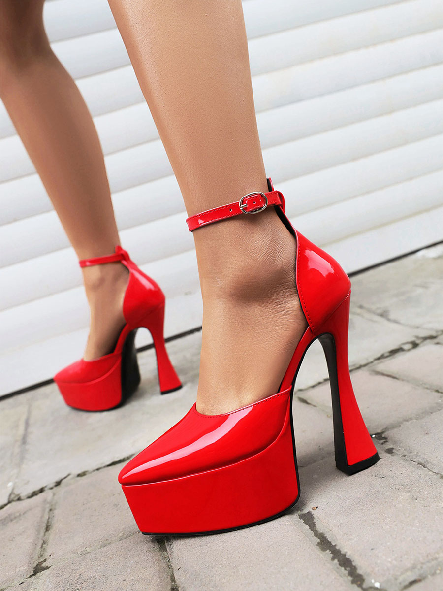 Women’s Red Patent Leather Ankle Strap Platform Chunky Spool Heel Pumps (1)
