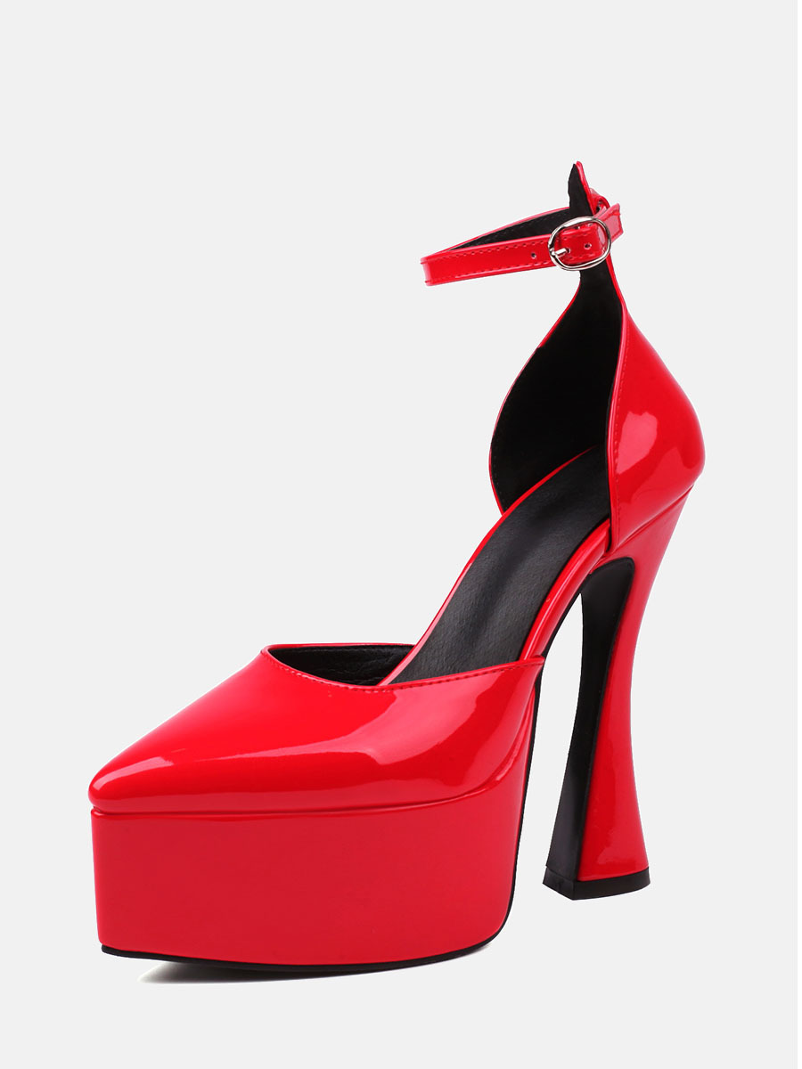 Women’s Red Patent Leather Ankle Strap Platform Chunky Spool Heel Pumps