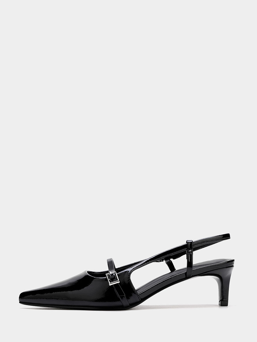 Women’s Patent Leather Slingback Heels Pointed Toe Buckle 1.18 Inch Kitten Heel Pumps