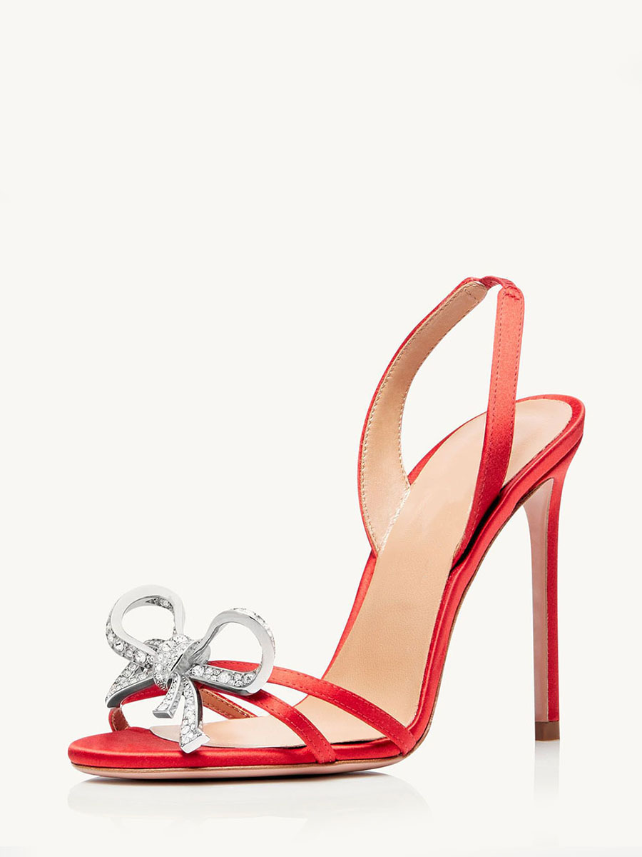 Women’s Red Satin Slingback Sandals Bow Rhinestones Stiletto Heels