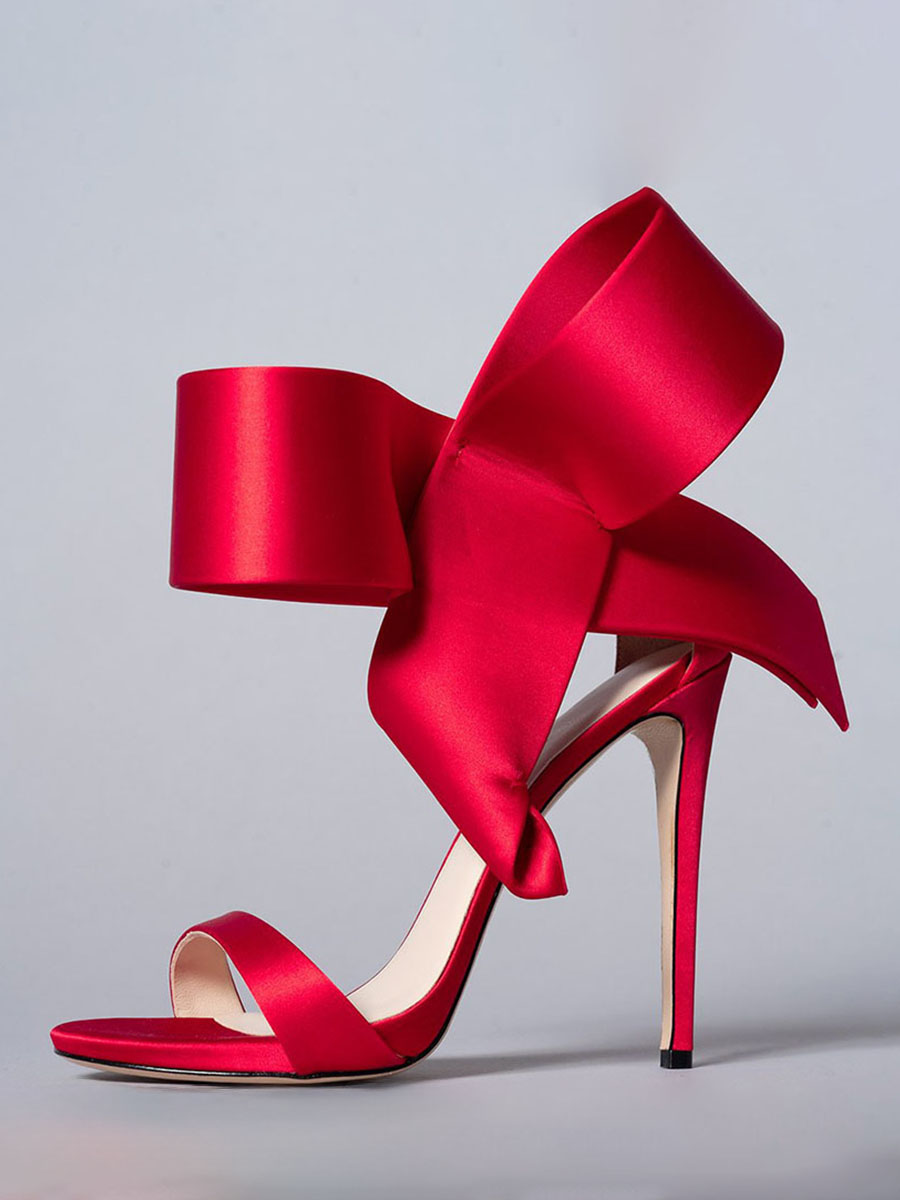 Women's Red Satin Ankle Strap Stiletto Heels Sandals with Bowknot