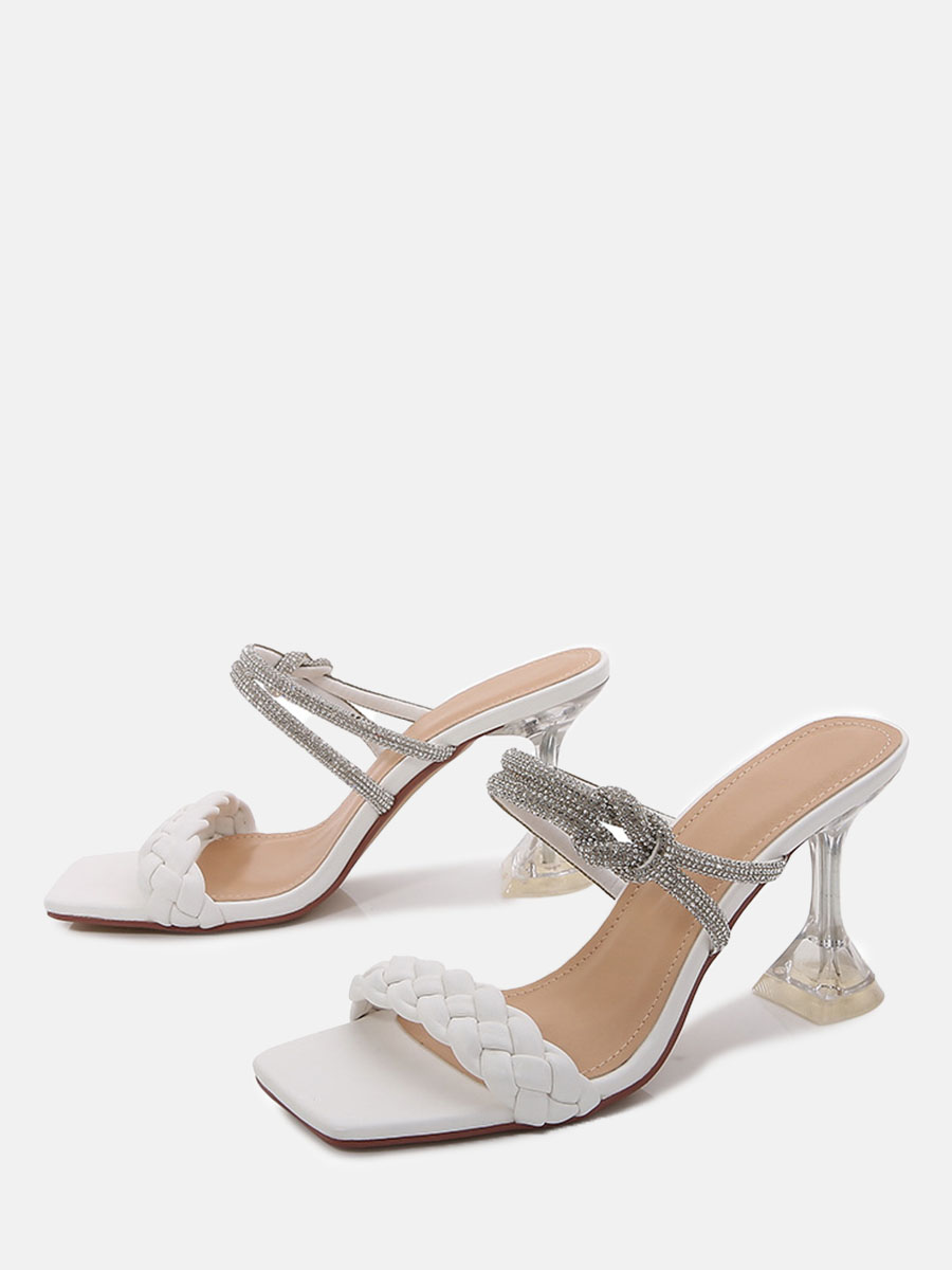 Women's Rhinestones Mary Jane Heels Braided Clear Spool Heel Mule Sandals