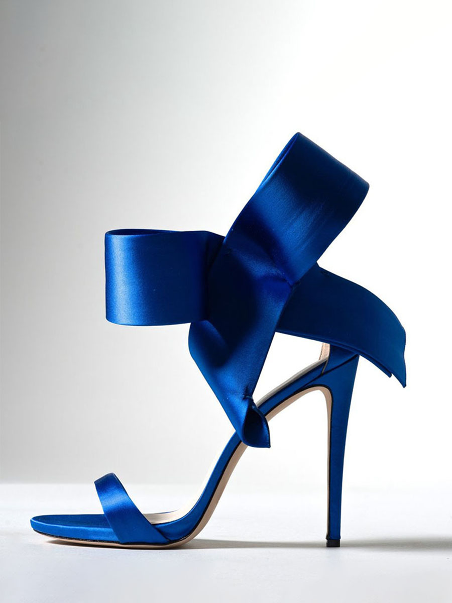 Women's Royal Blue Satin Ankle Strap Stiletto Heels Sandals with Bowknot