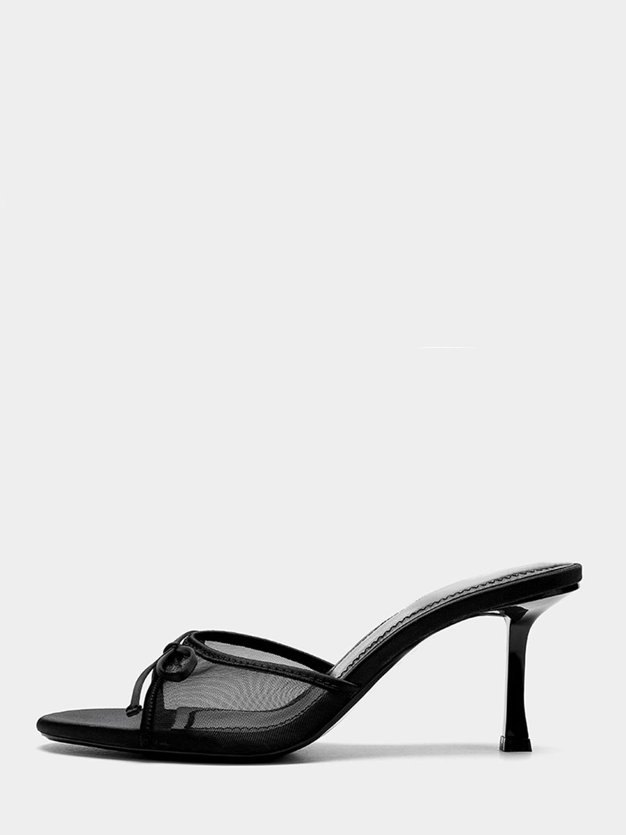 Women's Satin Mesh Slide Mule Sandals with Bow – Open Toe, 5cm Stiletto Heel, PU Sole