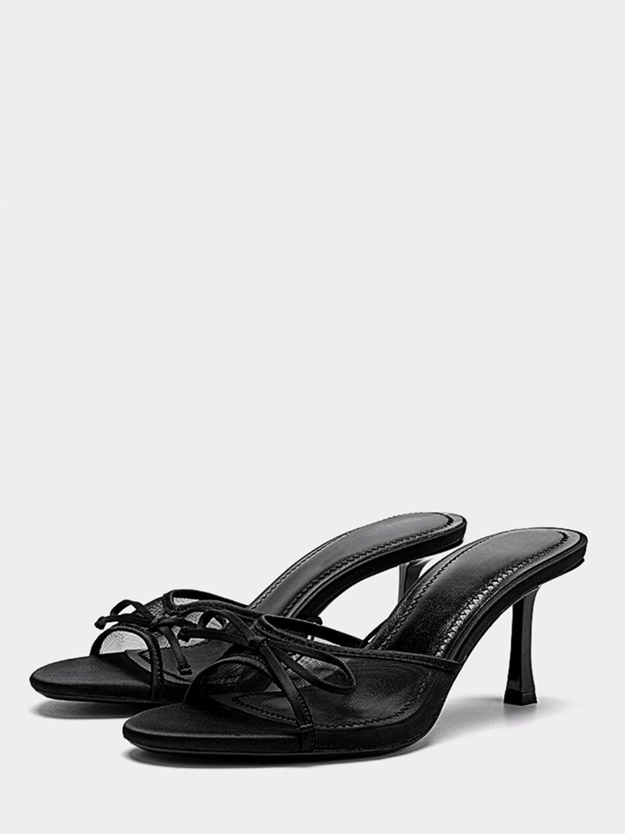 Women’s Satin Mesh Slide Mule Sandals with Bow – Open Toe, 5cm Stiletto Heel, PU Sole (5)