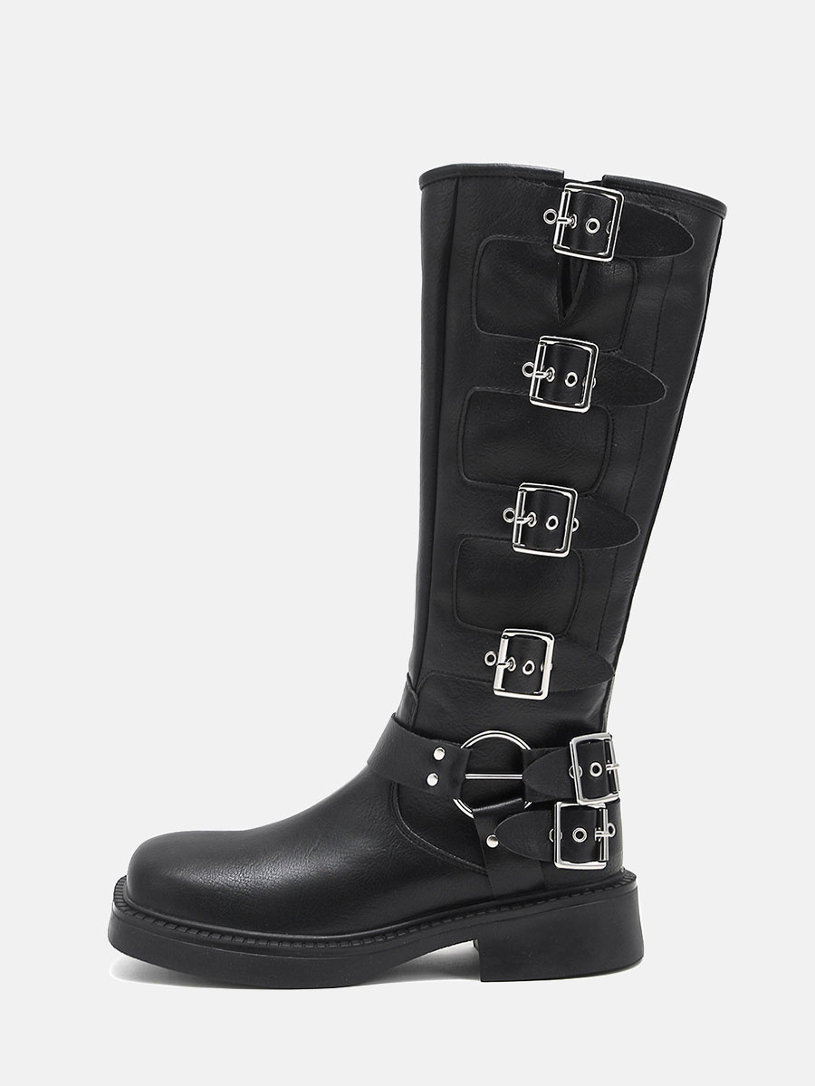 Women’s Split Cowhide Knee High Boots Buckles Block Heel Western Boots