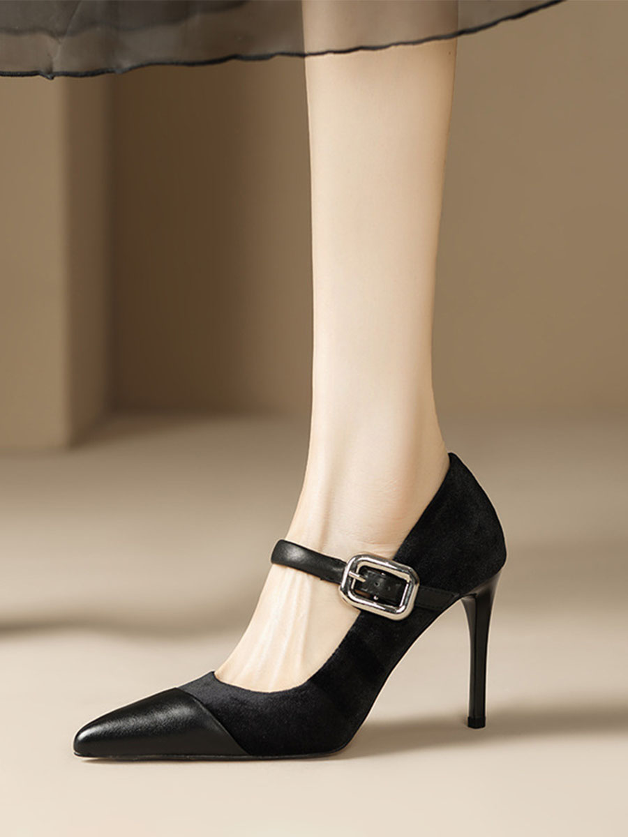 Womens Pointy Toe Mary Jane Heels Velvet 4 Inch Stiletto Heel Pumps