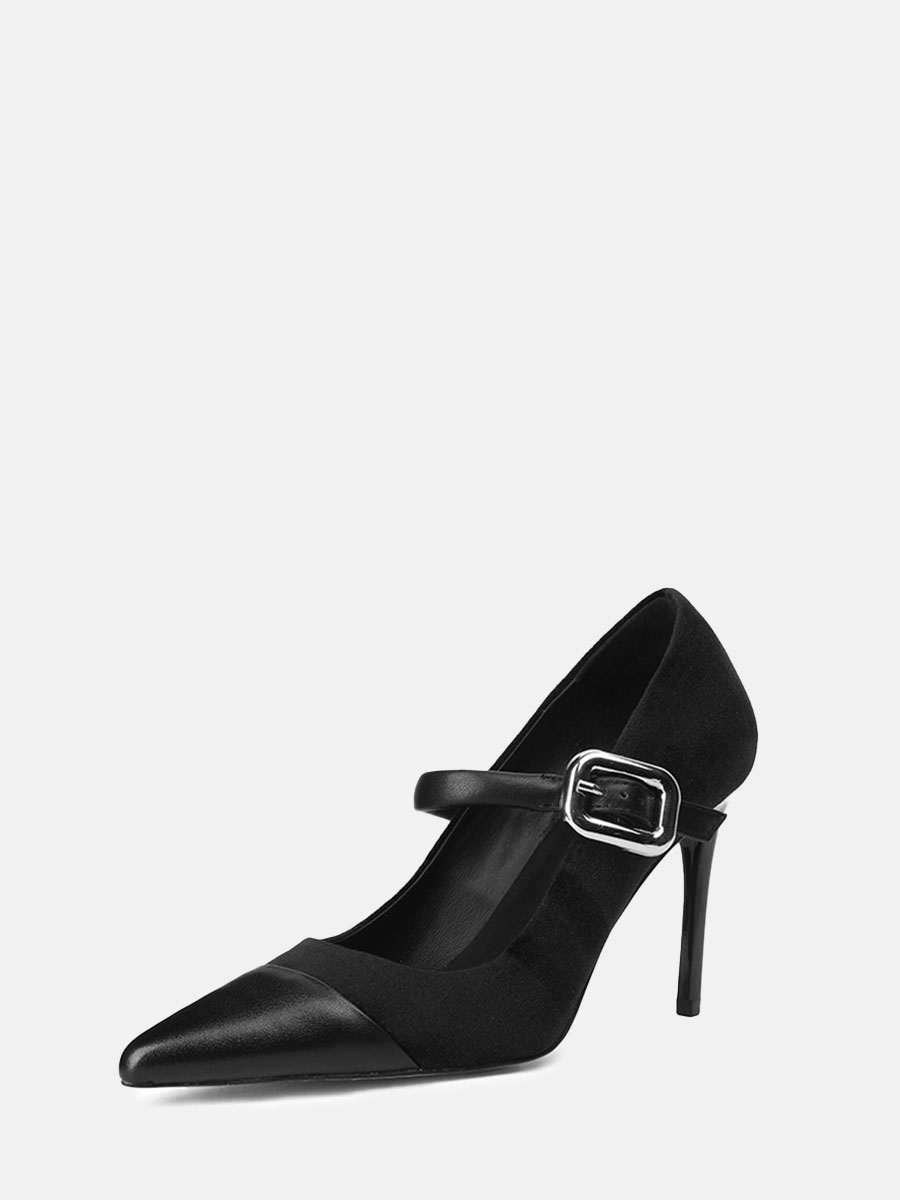 Womens Pointy Toe Mary Jane Heels Velvet 4 Inch Stiletto Heel Pumps