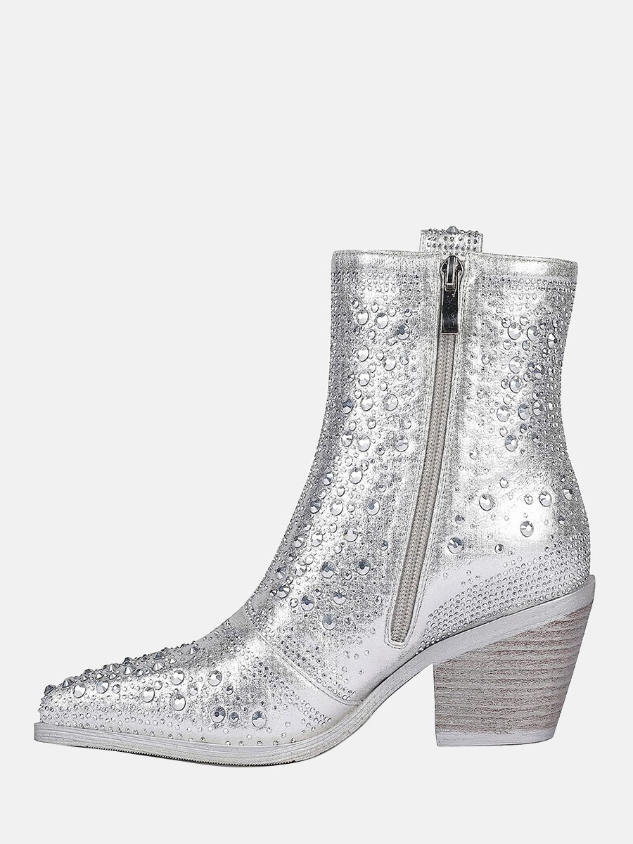 Women’s Western Boots Pointed Toe Rhinestones Block Heel Ankle Boots