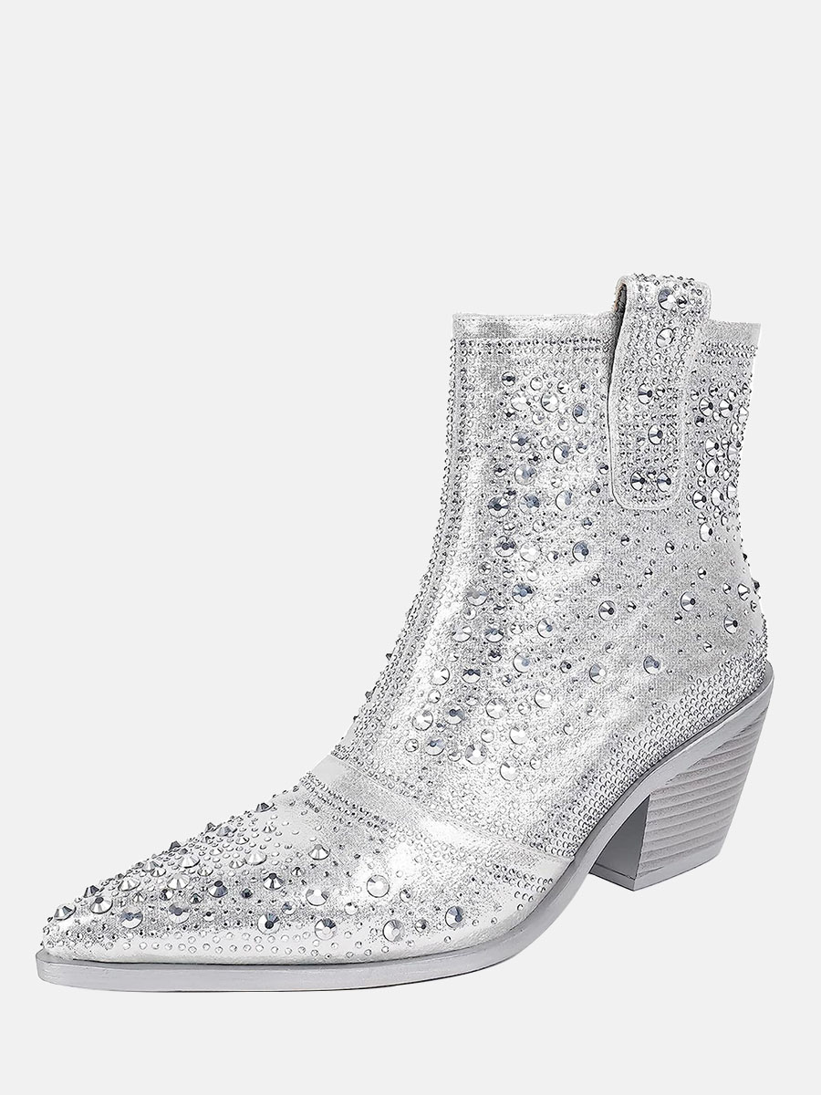 Women’s Western Boots Pointed Toe Rhinestones Block Heel Ankle Boots (2)