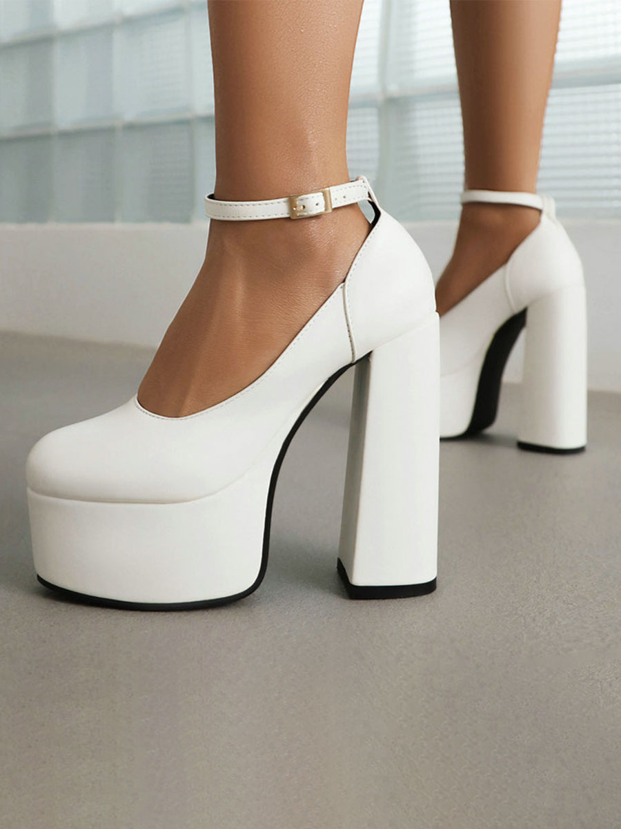 Women’s White Ankle Strap Platform Chunky Heels (1)