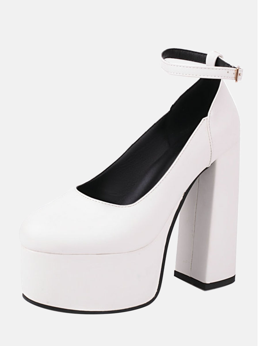 Women’s White Ankle Strap Platform Chunky Heels