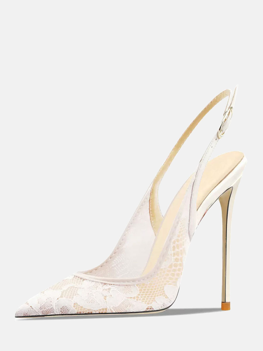 Women’s White Mesh Slingbacks Lace Stiletto Heel Bridal Pumps (5)