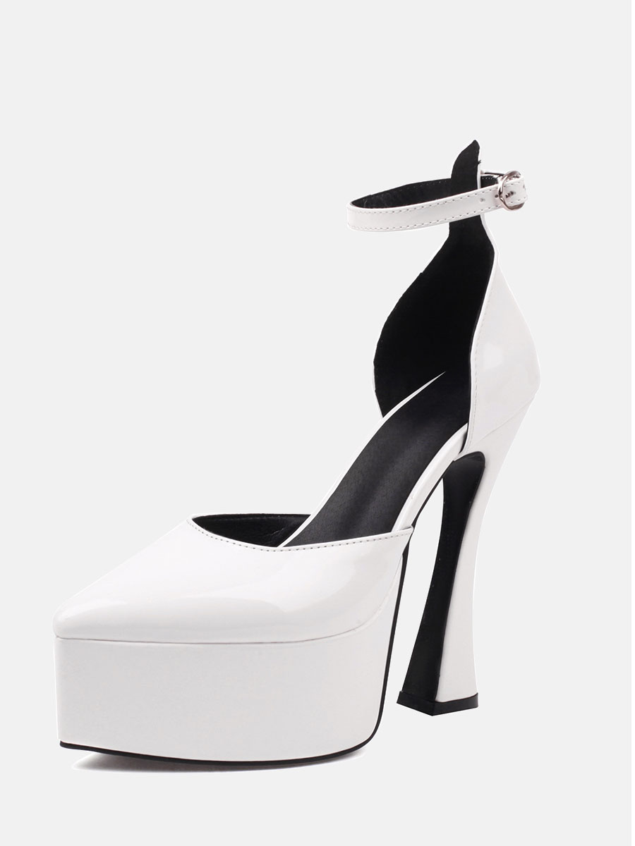 Women’s White Patent Leather Ankle Strap Platform Chunky Spool Heel Pumps