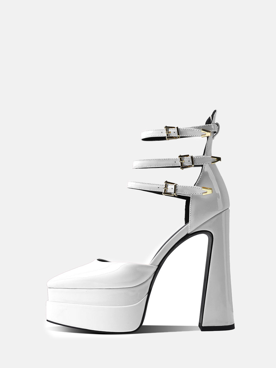 Women's White Patent Microfiber Ankle Strap Platform Chunky Heels