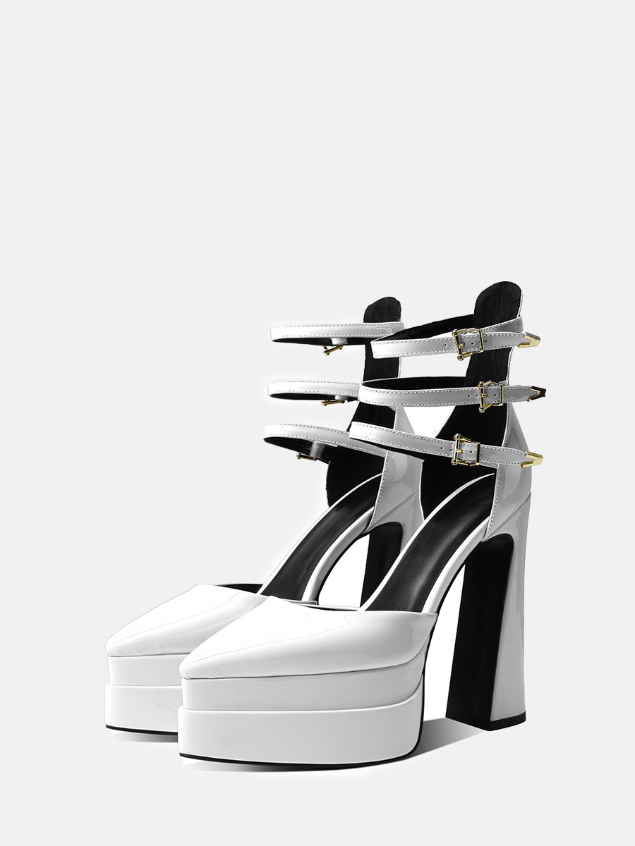 Women’s White Patent Microfiber Ankle Strap Platform Chunky Heels (2)
