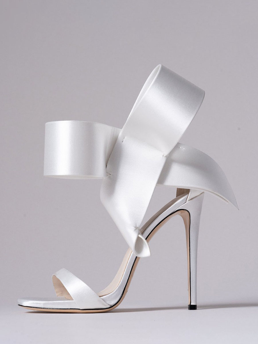 Women's White Satin Ankle Strap Stiletto Heels Sandals with Bowknot