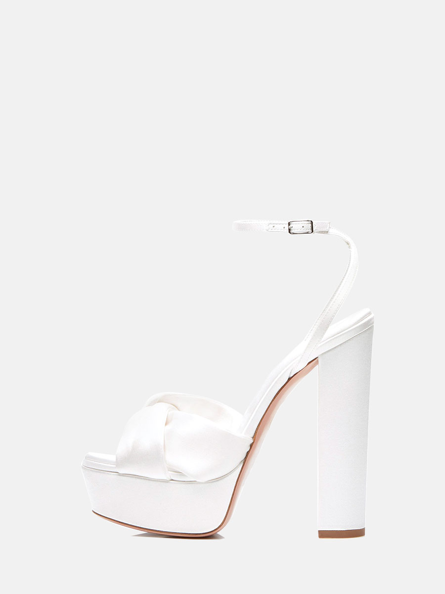 Women’s White Satin Bowknot Ankle Strap Platform Chunky Heel Sandals