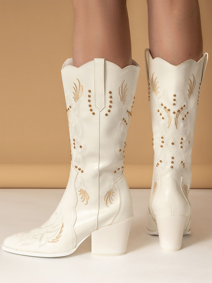Women’s White Western Boots Embroidery Studs Block Heel Mid Calf Boots