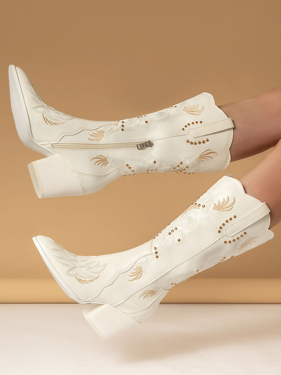 Women’s White Western Boots Embroidery Studs Block Heel Mid Calf Boots (4)