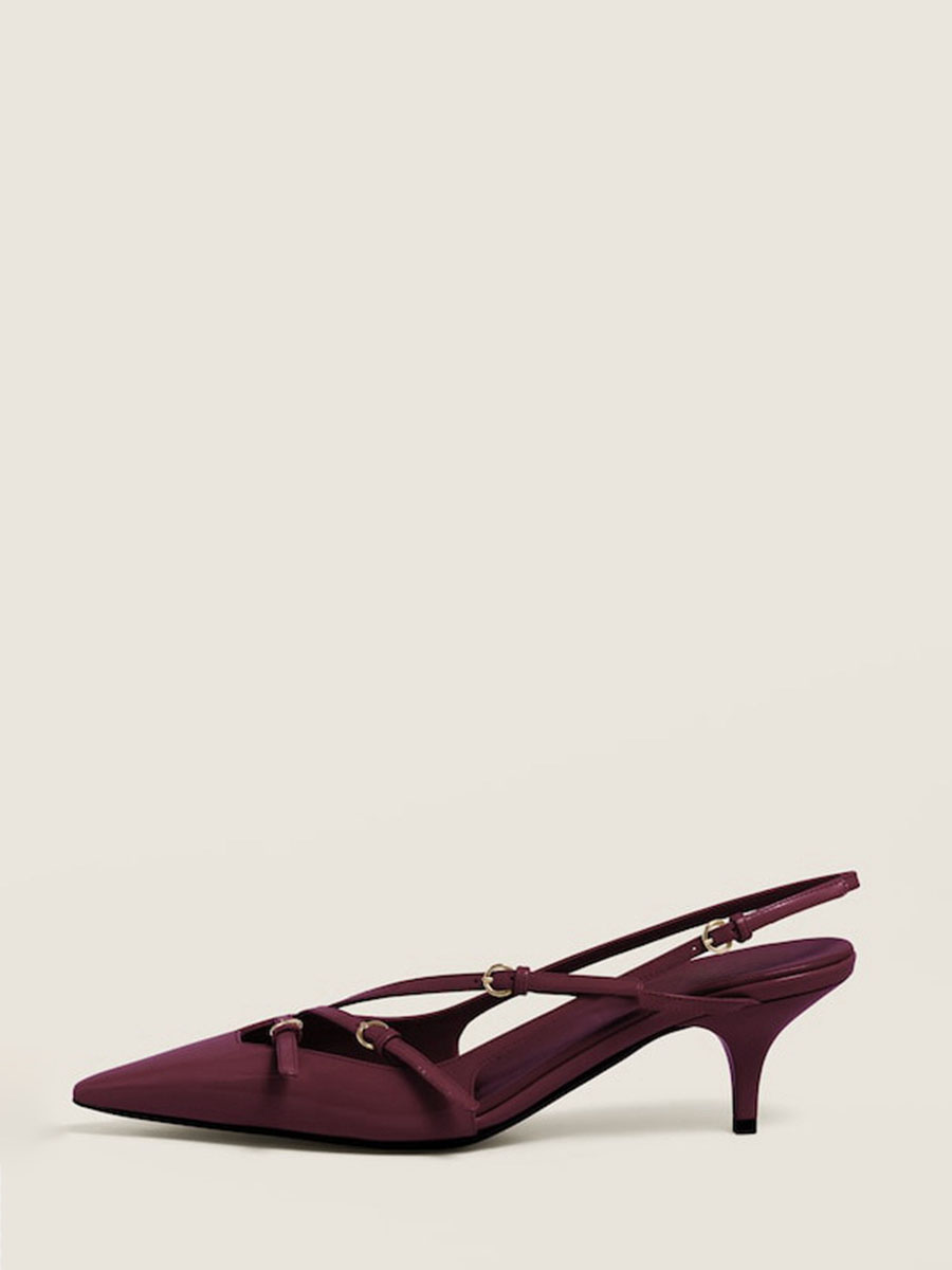 Women's Wine Red Patent Leather Pointed Toe Slingback Kitten Heels Pumps
