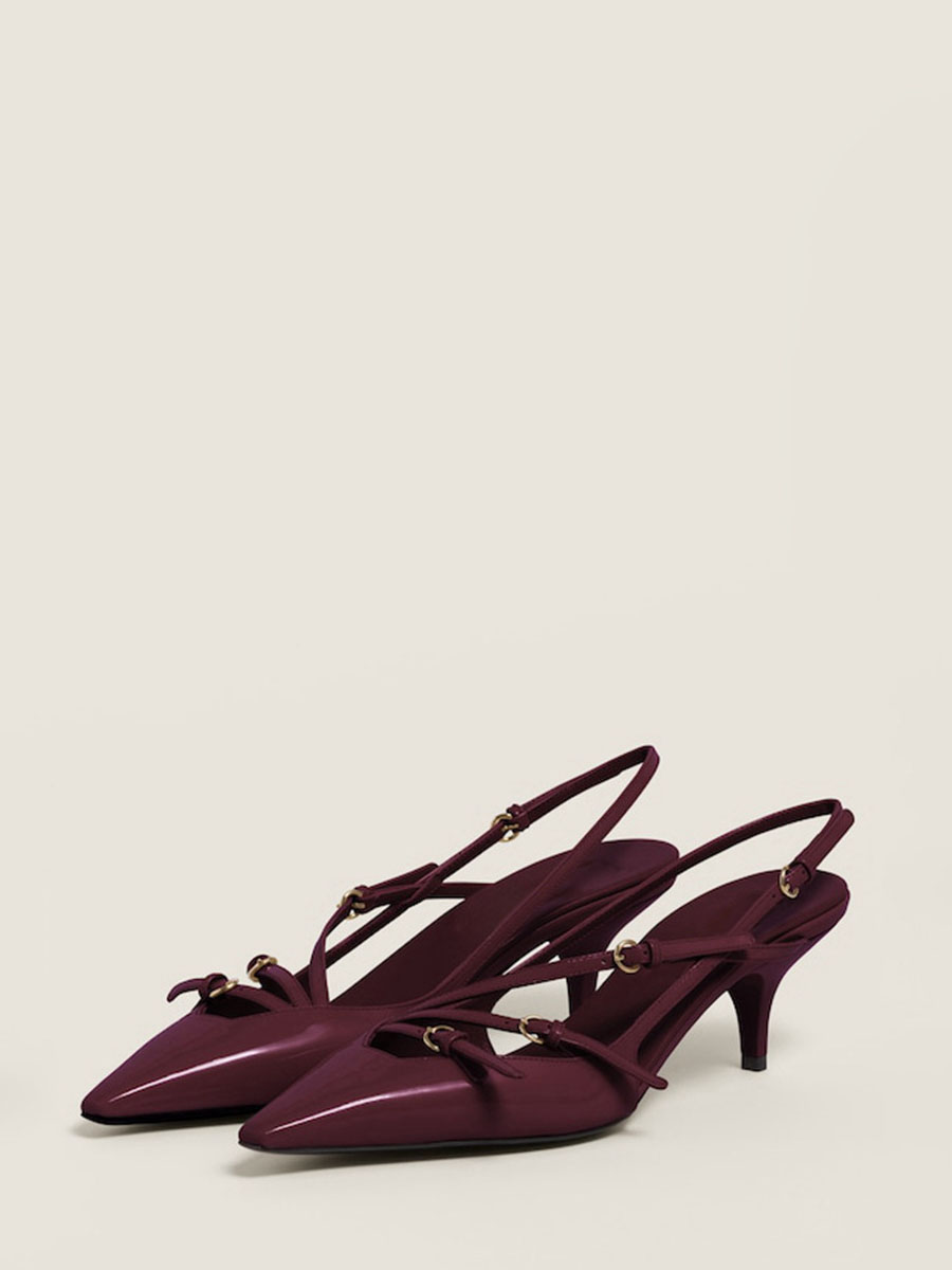 Women’s Wine Red Patent Leather Pointed Toe Slingback Kitten Heels Pumps (2)