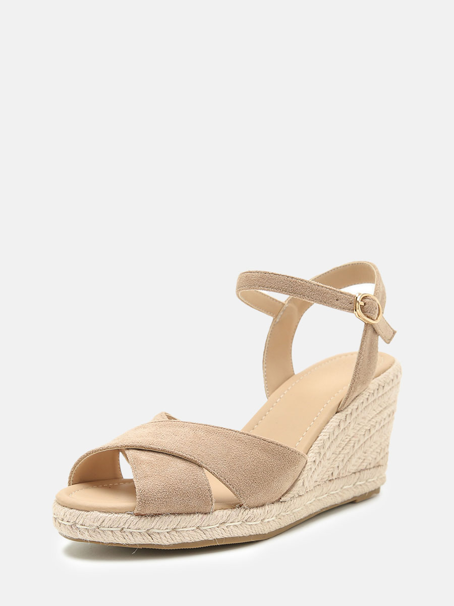 Women's Apricot Canvas Ankle Strap Straw Woven Open Toe Platform Wedge Heels Sandals