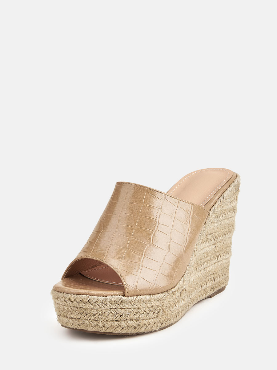 Women’s Apricot Crocodile Pattern PU Peep Toe Espadrille Wedge Heels Mules (1)