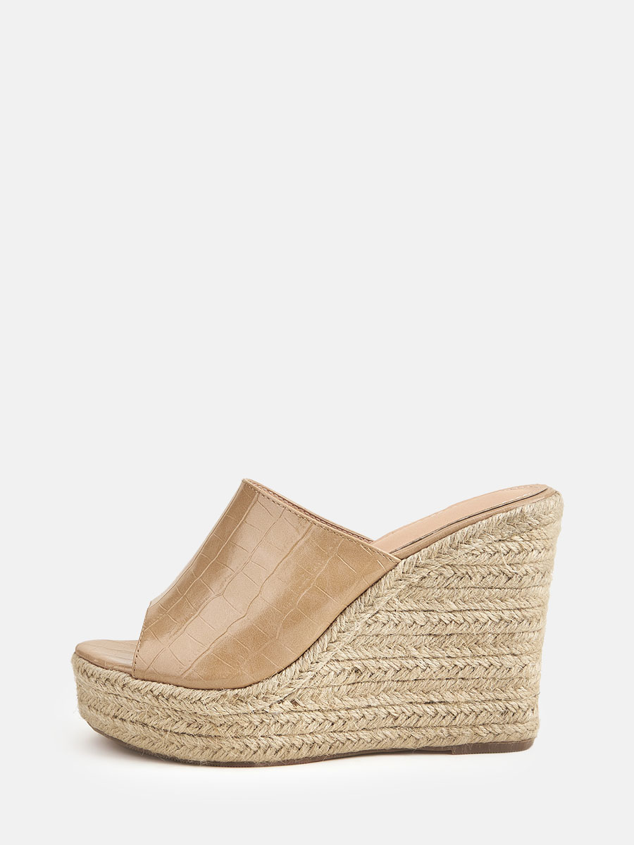 Women's Apricot Crocodile Pattern PU Peep Toe Espadrille Wedge Heels Mules