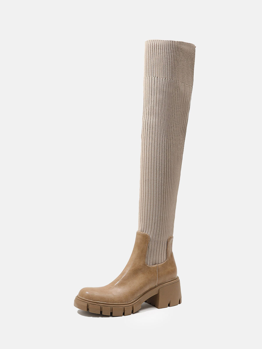 Women's Apricot Lug Sole Platform PU Round Toe Block Heel Woolen Over The Knee Boots
