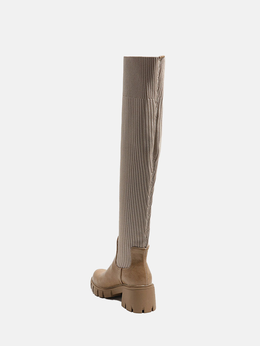 Women’s Apricot Lug Sole Platform PU Round Toe Block Heel Woolen Over The Knee Boots (3)