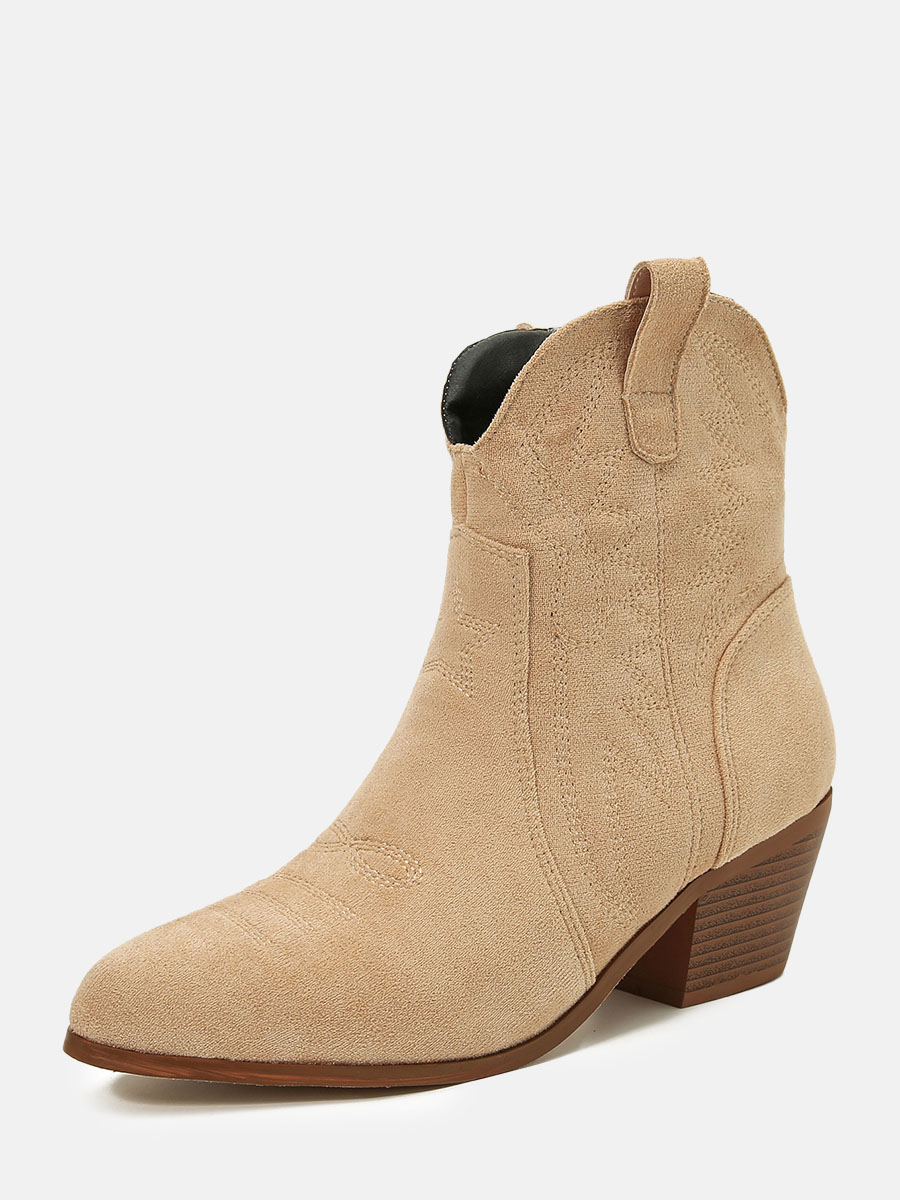 Women's Apricot Suede Embroidered Pointed Toe Block Heels Ankle Western Boots