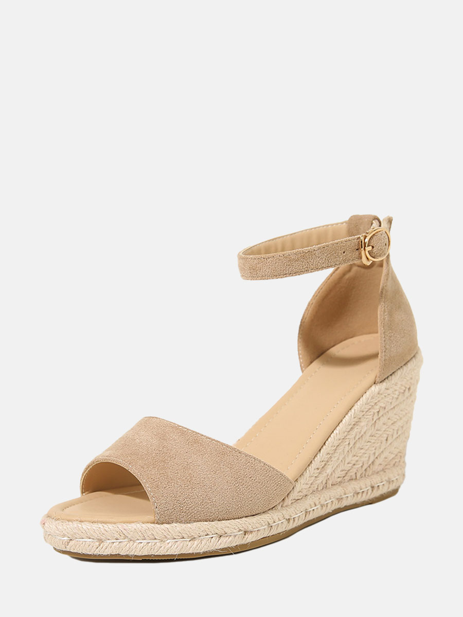 Women’s Apricot Suede Open Toe Ankle Strap Buckle Straw Woven Wedge Heels Sandals (1)