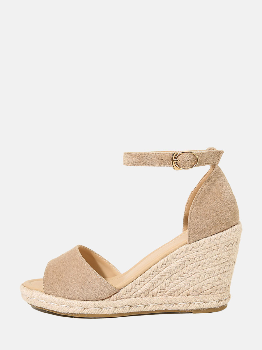Women's Apricot Suede Open Toe Ankle Strap Buckle Straw Woven Wedge Heels Sandals