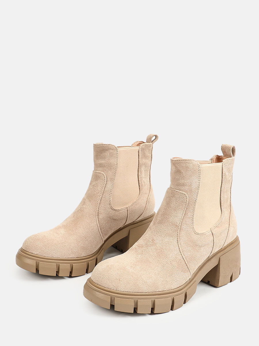 Women's Apricot Suede Round Toe Elastic Lug Sole Platform Block Heels Chelsea Boots