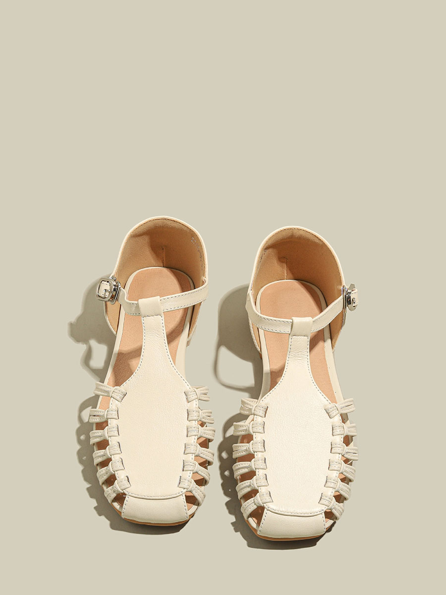 Women’s Beige Woven Cowhide T-Strap Flats Gladiator Sandals (2)
