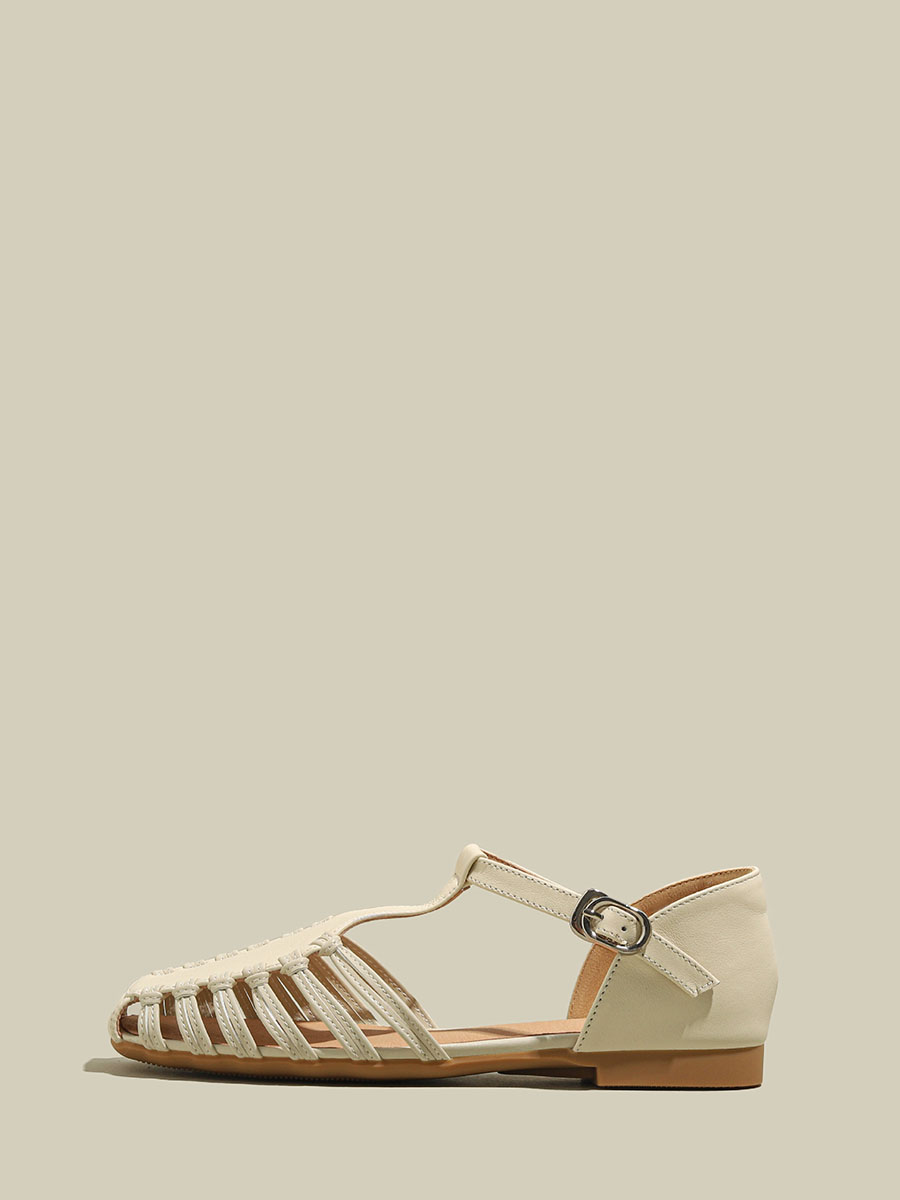Women’s Beige Woven Cowhide T-Strap Flats Gladiator Sandals