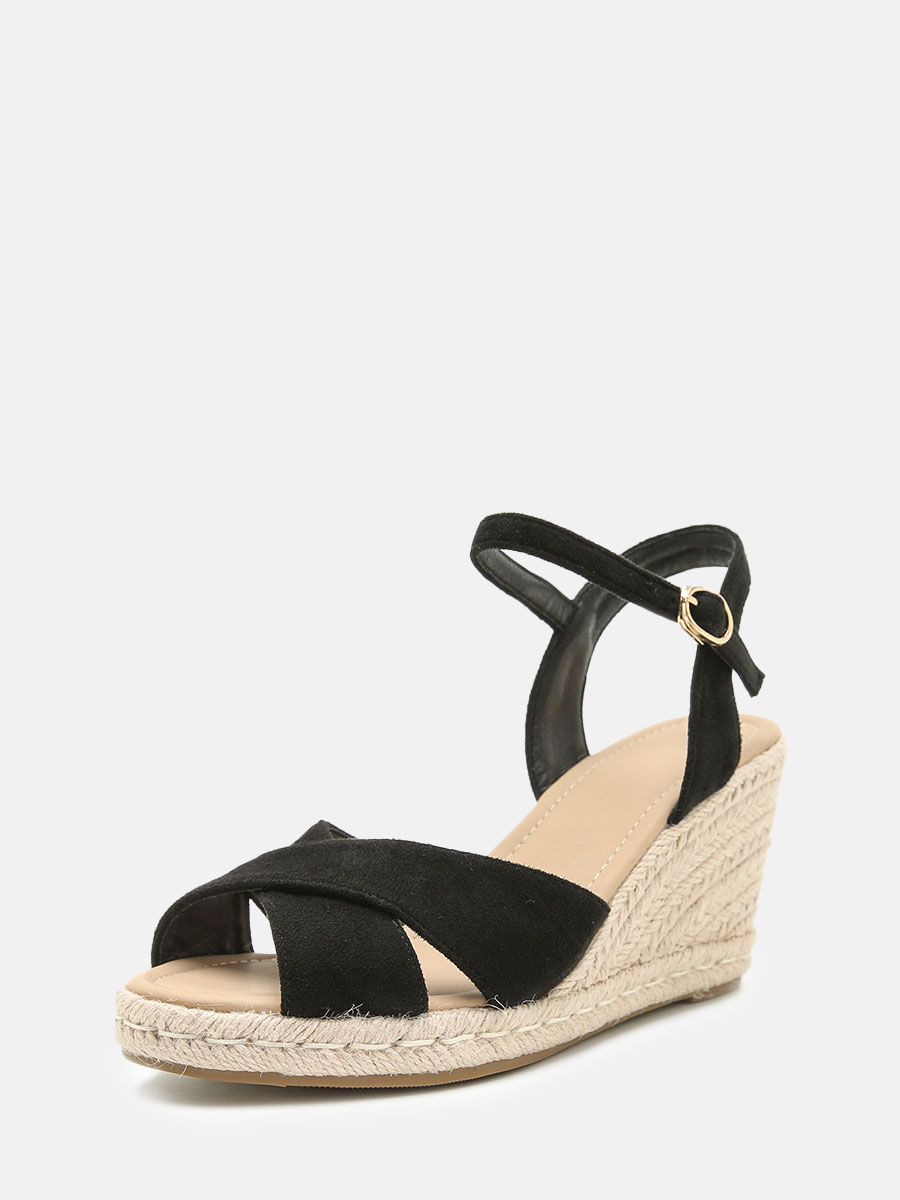 Women's Black Canvas Ankle Strap Straw Woven Open Toe Platform Wedge Heels Sandals