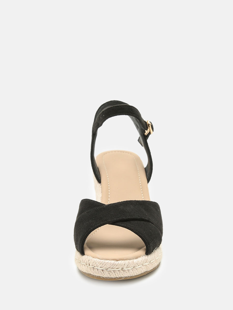 Women’s Black Canvas Ankle Strap Straw Woven Open Toe Platform Wedge Heels Sandals (2)