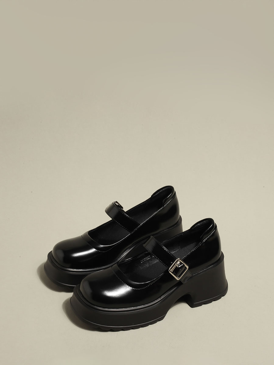Women’s Black Cowhide Platform Mary Jane Round Toe Buckle Chunky Heels (1)