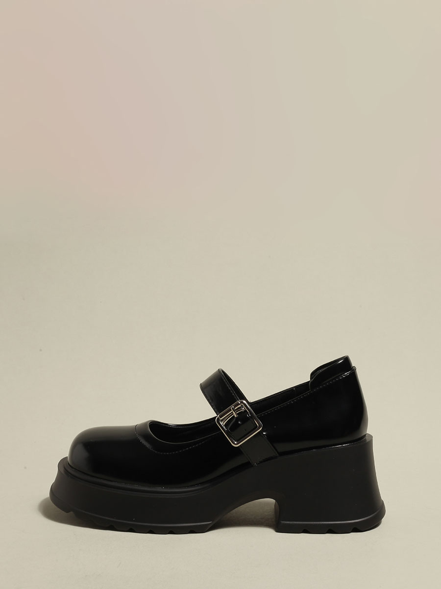 Women's Black Cowhide Lug Sole Platform Mary Jane Buckle Round Toe Block Heels Pumps