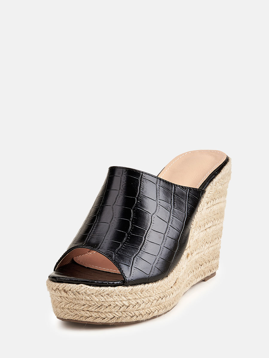 Women's Black Crocodile Pattern PU Peep Toe Espadrille Wedge Heels Mules