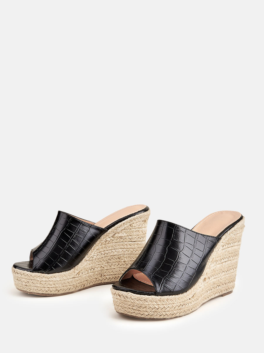 Women’s Black Crocodile Pattern PU Peep Toe Espadrille Wedge Heels Mules (2)