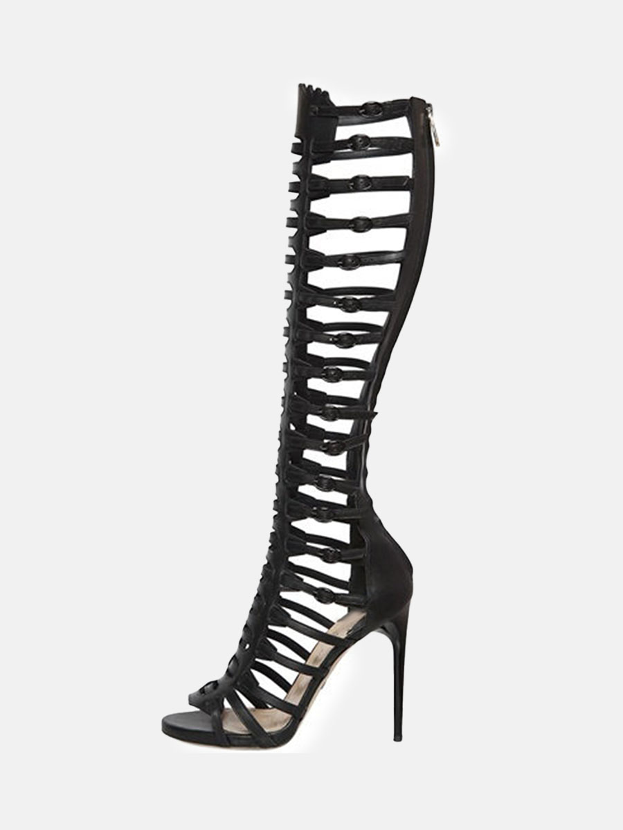 Women’s Black Cut-out Strappy Gladiators Stiletto Heel Knee High Boots
