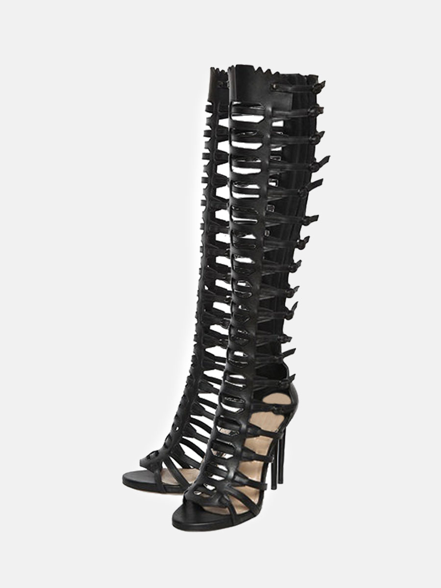 Women’s Black Cut-out Strappy Gladiator Sandals Stiletto Heel Knee High Boots (3)