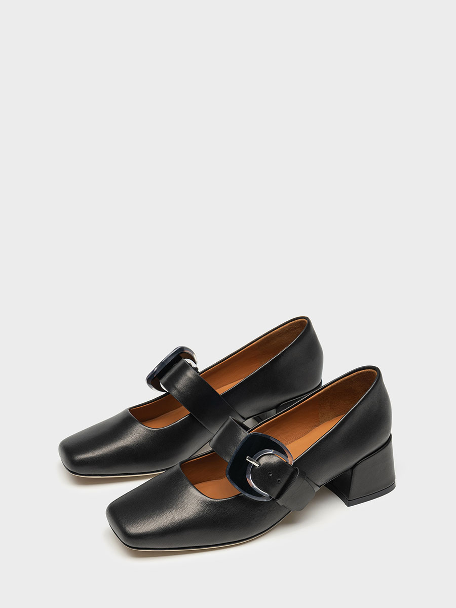 Women's Black Lambskin Buckle Mary Jane Square Toe Block Heels Pumps
