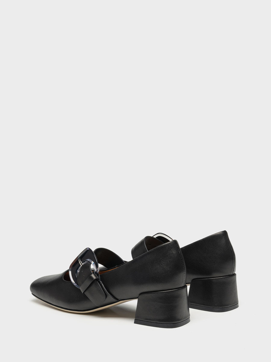 Women’s Black Lambskin Buckle Mary Jane Square Toe Block Heels Pumps (4)