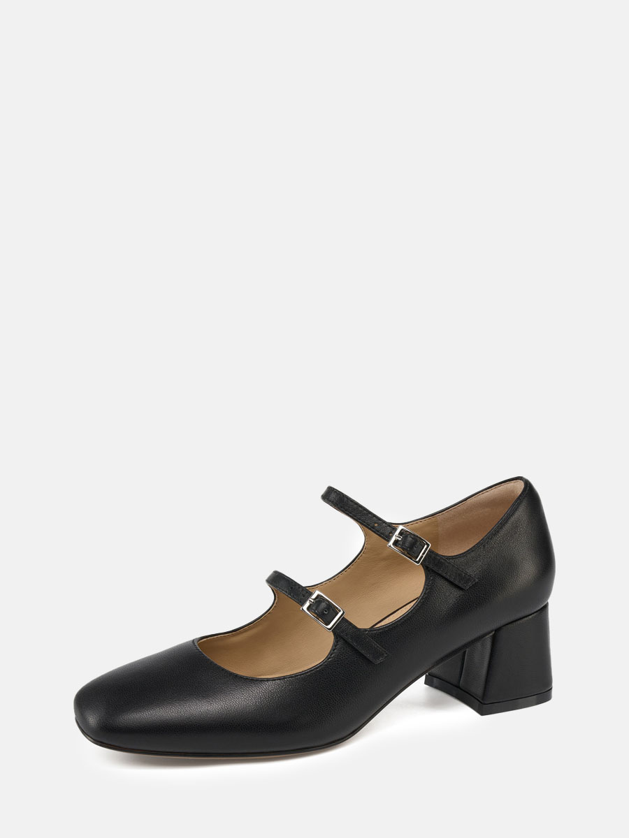 Women's Black Lambskin Double Strap Mary Jane Round Toe Block Heels Pumps